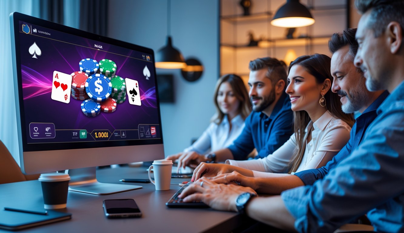 Beberapa orang dewasa bermain poker online dengan uang asli di depan komputer di sebuah ruangan yang terang dan rapi.