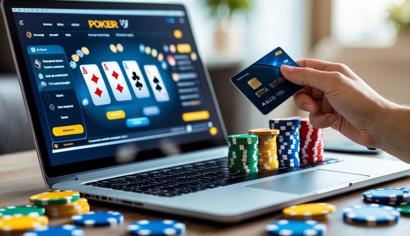 Seseorang menggunakan laptop untuk bermain poker online dengan tumpukan chip poker dan kartu kredit di meja.