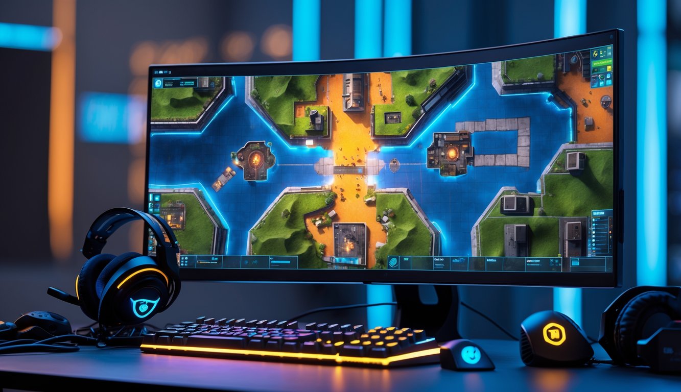 Sebuah setup gaming dengan monitor menampilkan peta populer dari Counter Strike 2 dan perlengkapan gaming di atas meja.