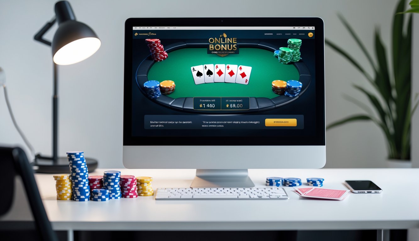 Meja kerja dengan laptop yang menampilkan permainan poker online, tumpukan chip poker, dan kartu remi di atas meja.