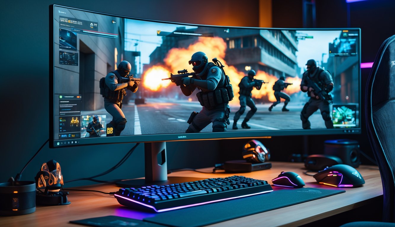 Sebuah meja gaming dengan komputer dan monitor menampilkan adegan permainan tembak-menembak yang intens.