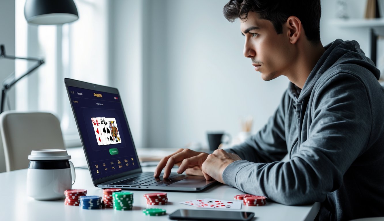Seorang dewasa muda fokus bermain poker online menggunakan laptop di ruang kerja modern dengan chip poker dan kartu di atas meja.