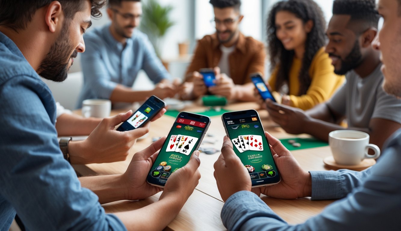 Sekelompok orang muda sedang bermain poker di ponsel Android dan iOS di meja kayu dengan suasana santai.