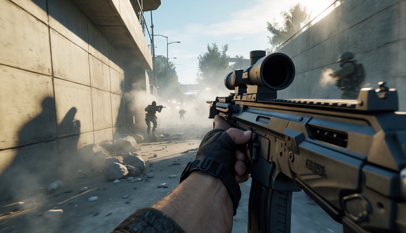 Pemandangan permainan tembak-menembak dari sudut pandang pemain dengan senjata di lingkungan kota yang realistis.