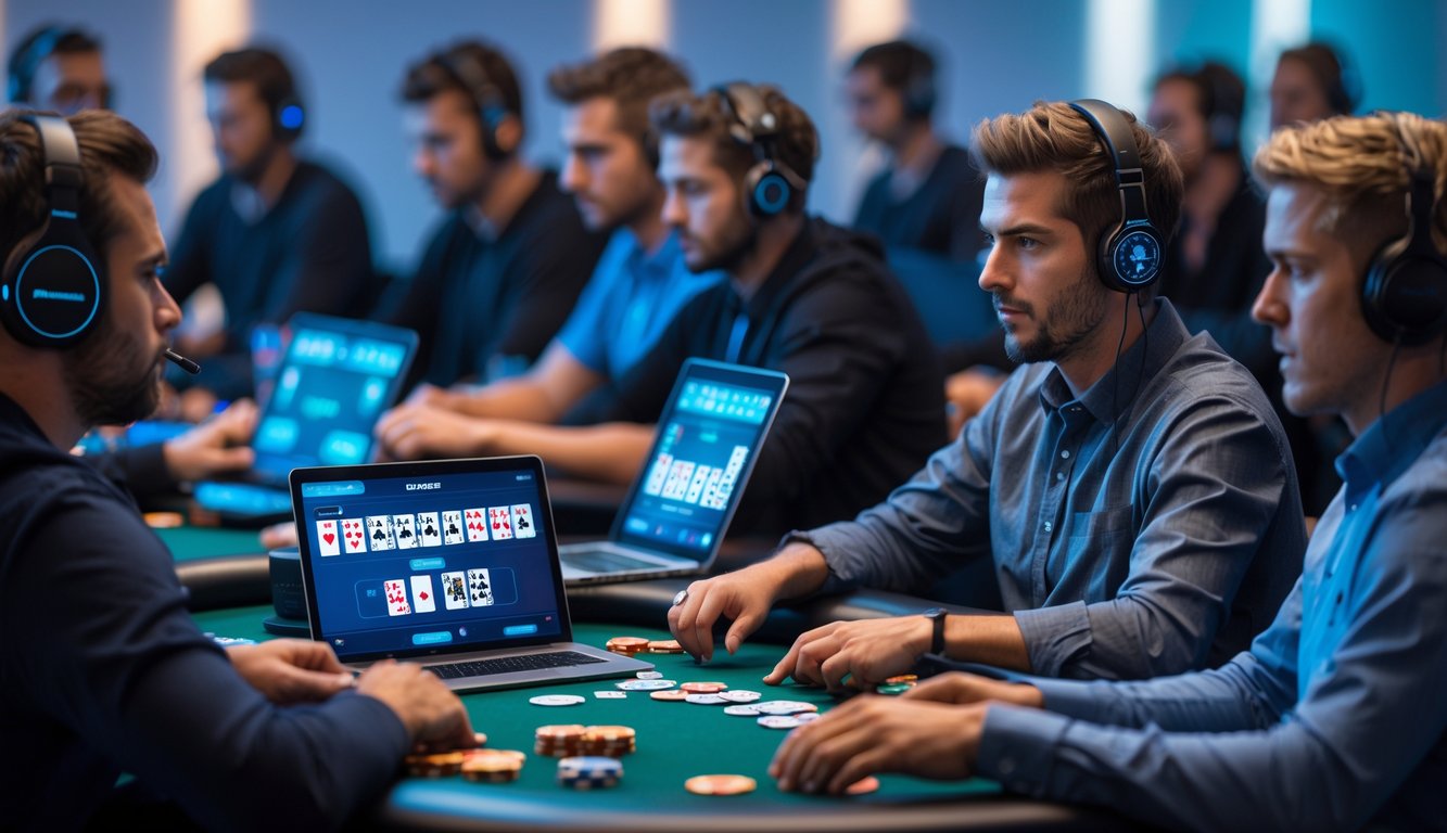 Sekelompok pemain serius sedang bermain poker online dengan laptop dan tablet di meja poker modern.