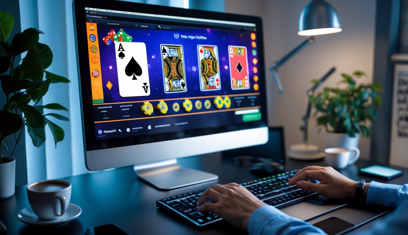 Seseorang bermain poker online di komputer di ruang kerja modern dengan kartu dan chip poker di layar.