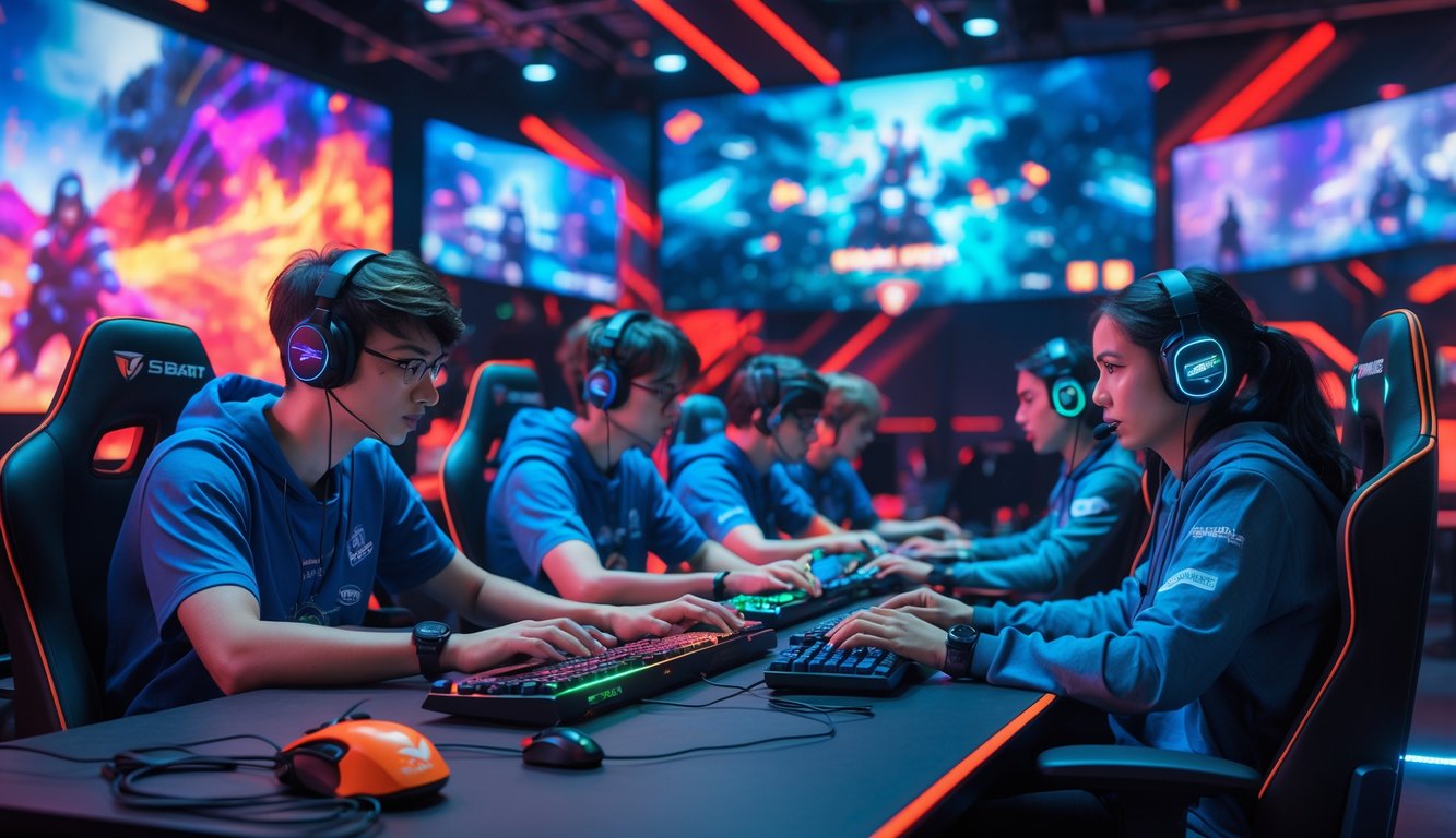 Sejumlah pemain esports muda sedang bermain Mobile Legends di arena permainan modern dengan layar besar dan pencahayaan warna-warni.