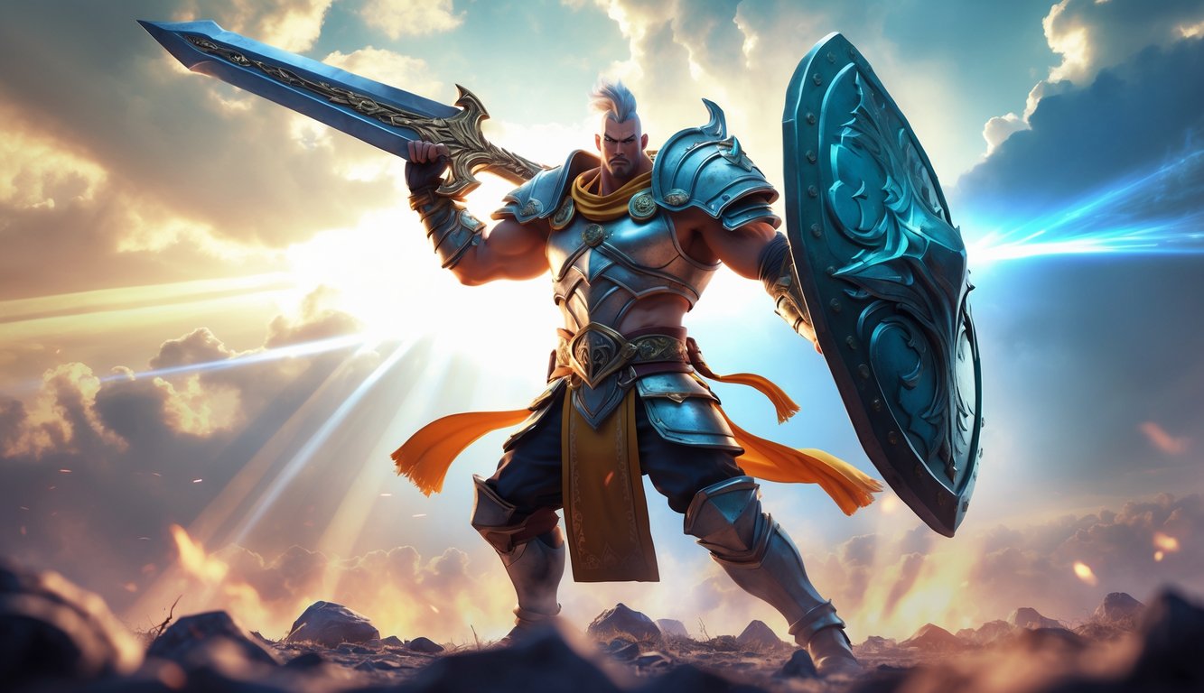 Seorang pahlawan kuat dengan baju zirah bercahaya memegang senjata besar di medan pertempuran yang dramatis.