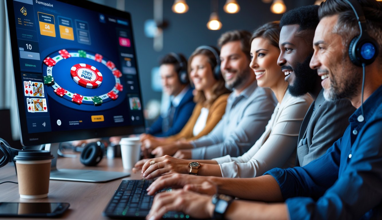 Orang-orang bermain poker online di depan komputer dalam ruangan yang nyaman dan modern.