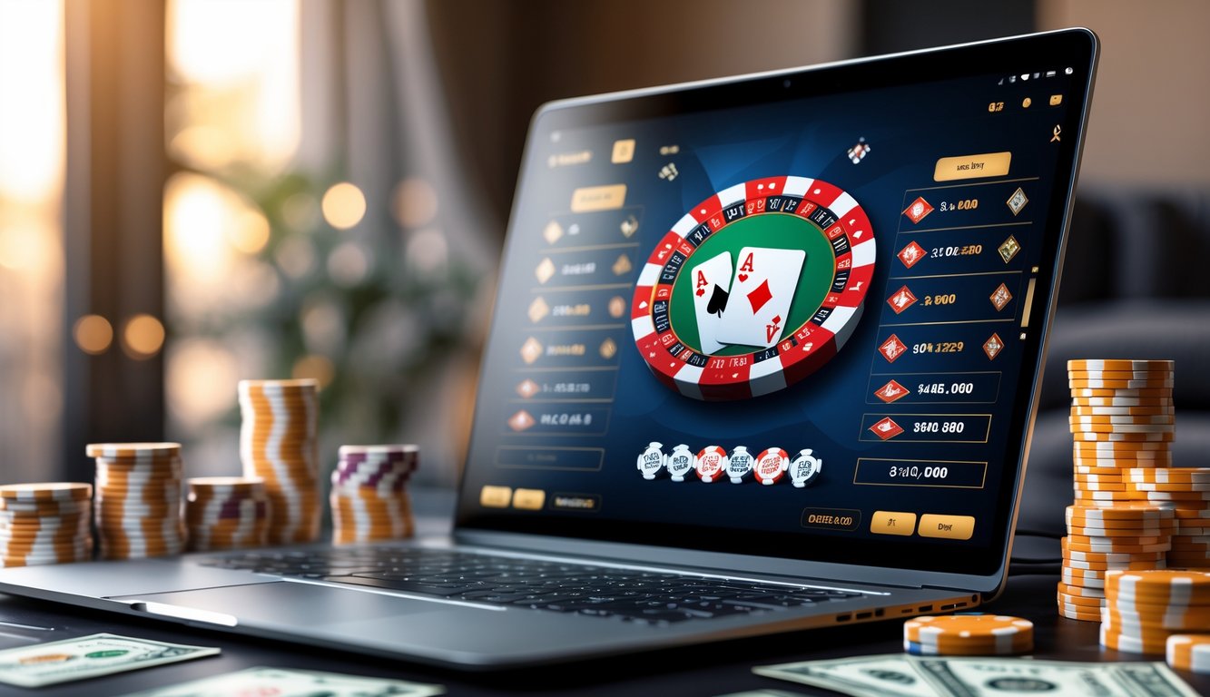 Seseorang bermain poker online dengan uang asli di depan layar komputer dengan chip poker dan ponsel di atas meja.