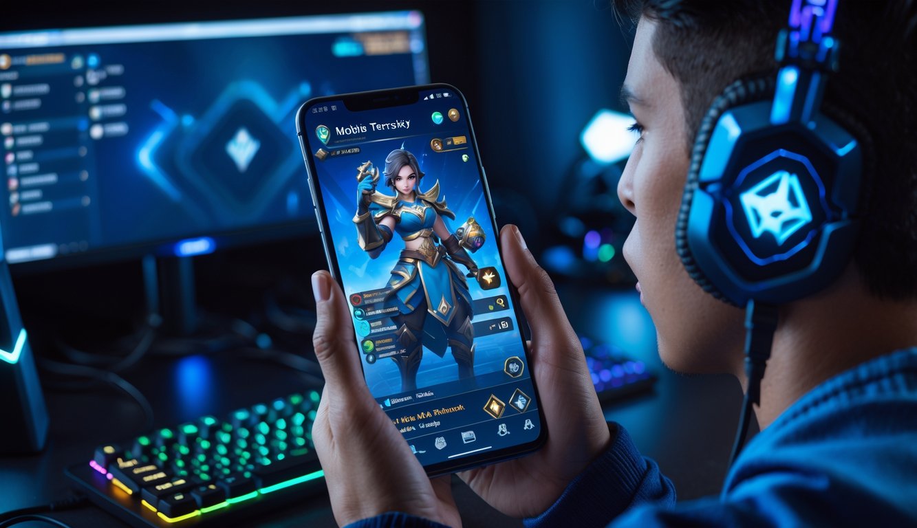 Seorang pemain game mobile sedang fokus memainkan hero Tersakit dari Mobile Legends di ponsel dengan latar belakang setup gaming modern.