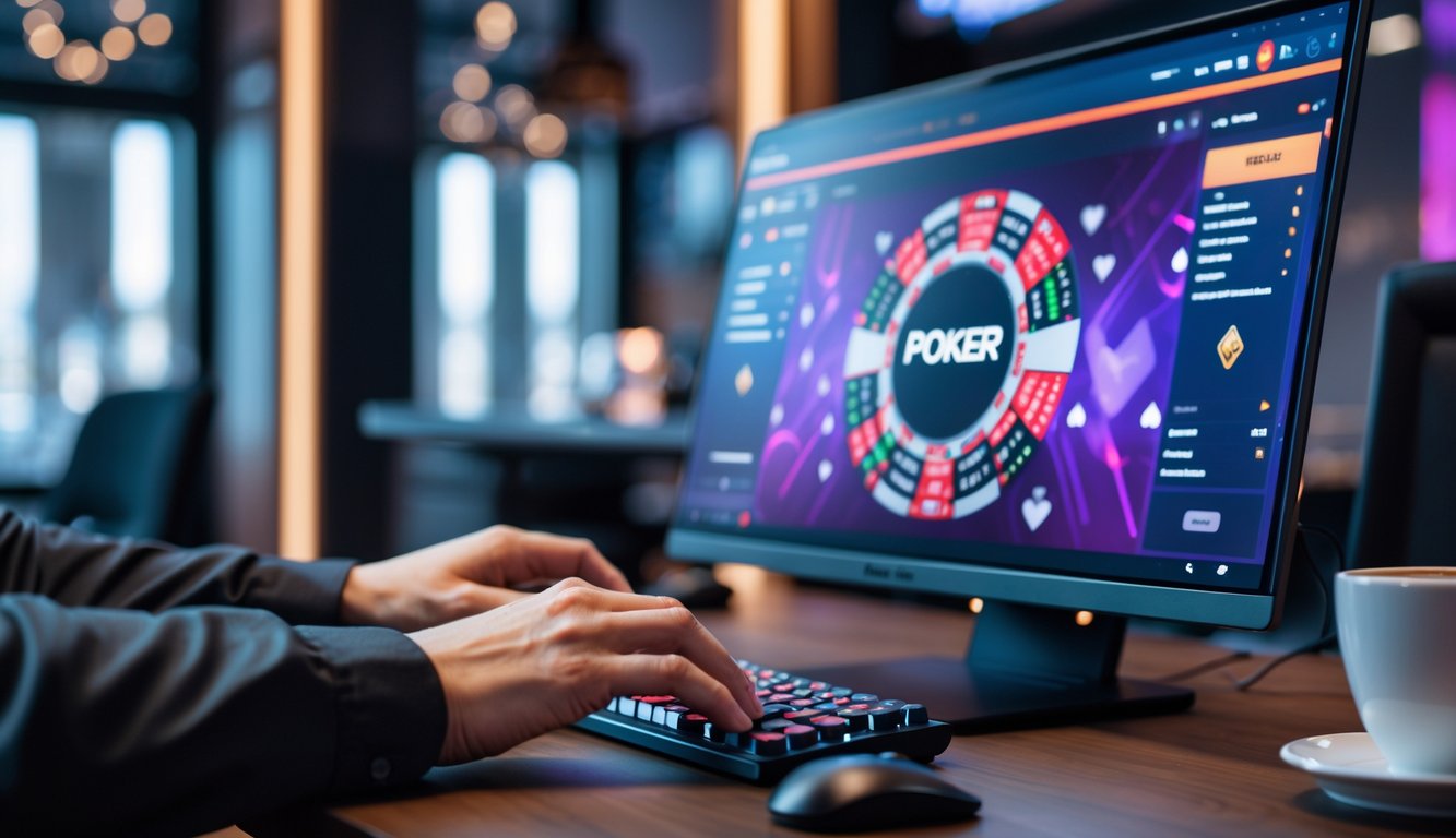 Seseorang sedang bermain poker online di depan komputer dengan tampilan permainan poker yang berwarna-warni.