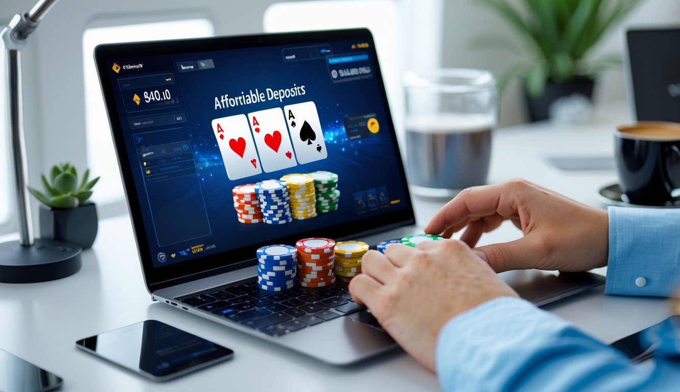 Seseorang menggunakan laptop dengan permainan poker online dan tumpukan chip poker di meja.