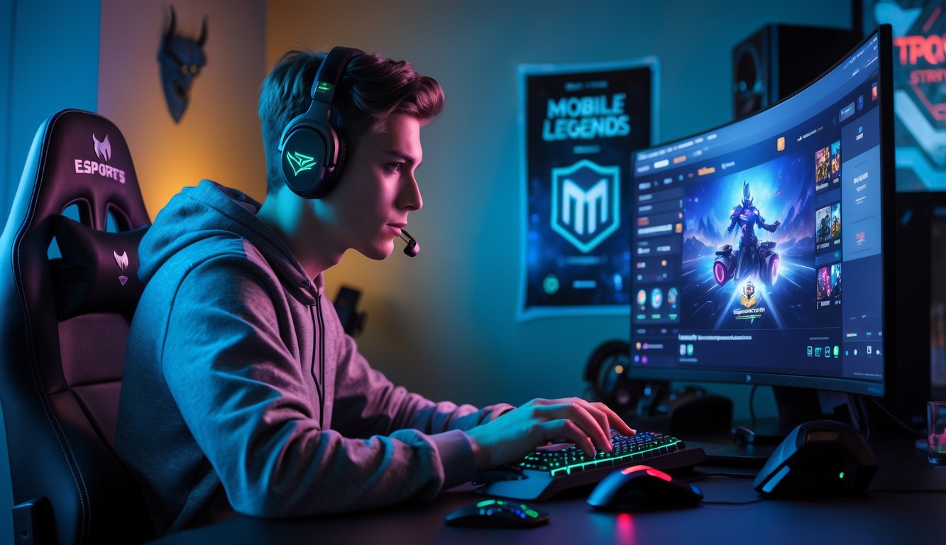 Seorang gamer muda fokus bermain Mobile Legends di meja gaming dengan pencahayaan RGB dan perlengkapan gaming di sekitarnya.