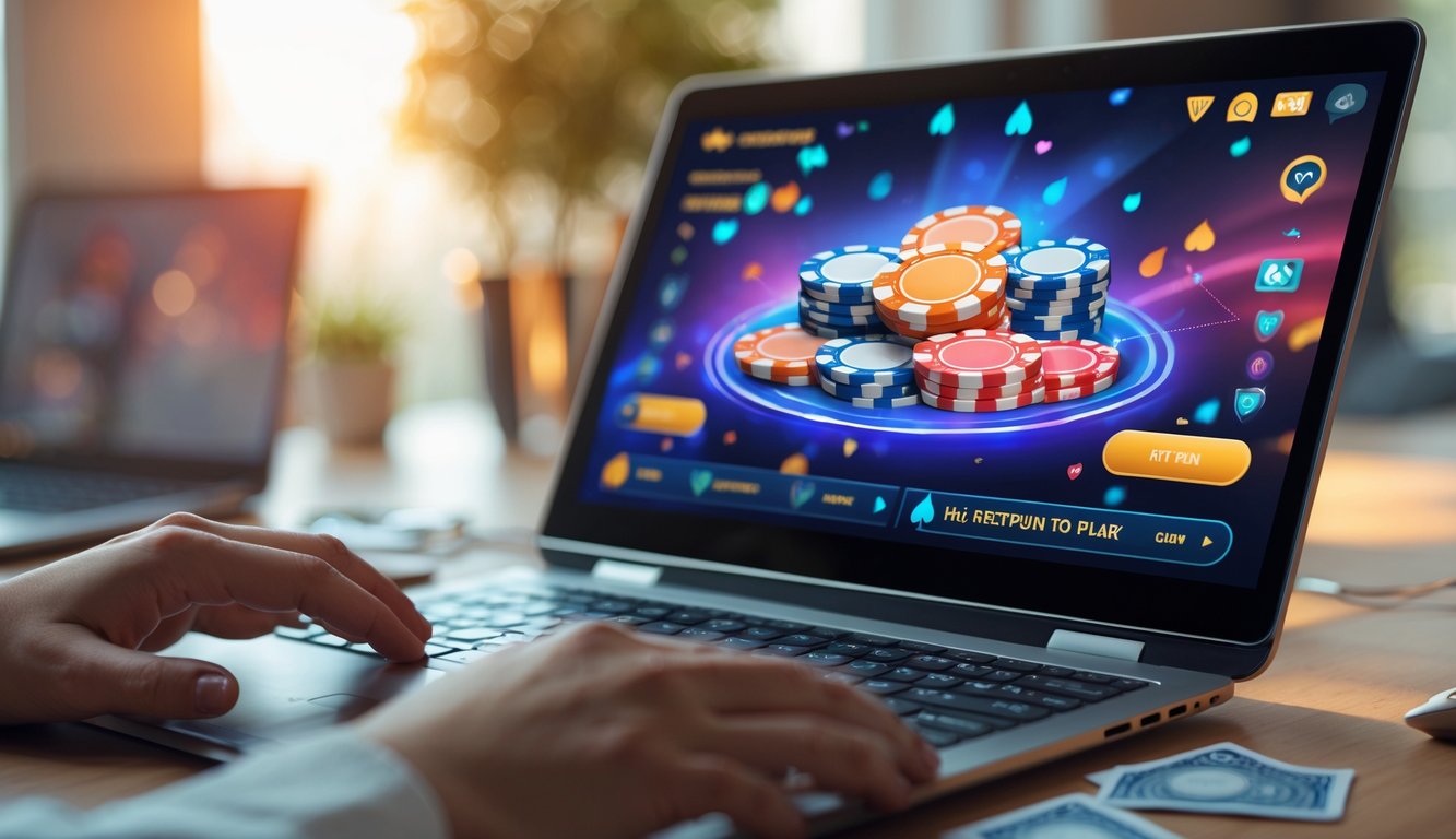 Seseorang bermain poker online di depan layar komputer dengan chip dan kartu poker terlihat jelas.
