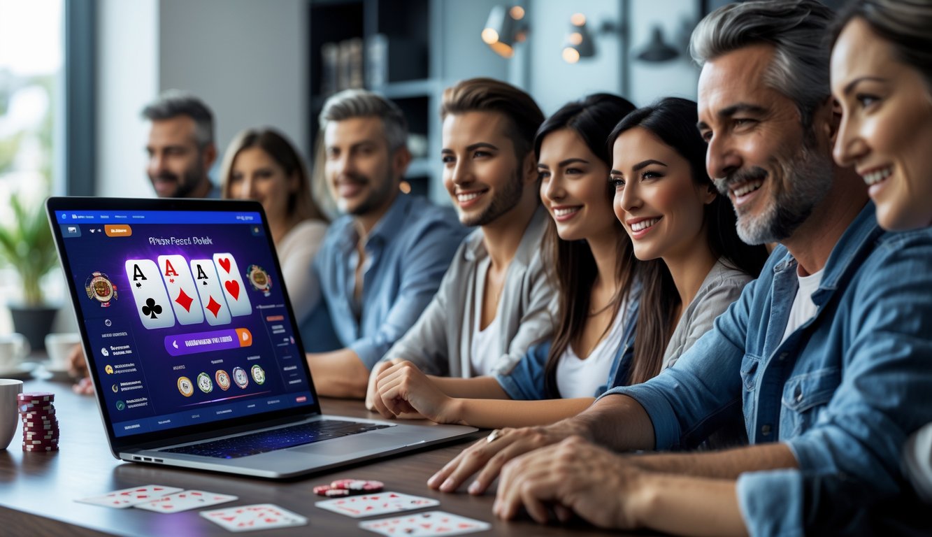 Beberapa orang dewasa sedang bermain poker online di ruang tamu dengan komputer dan perangkat digital, terlihat santai dan percaya diri.
