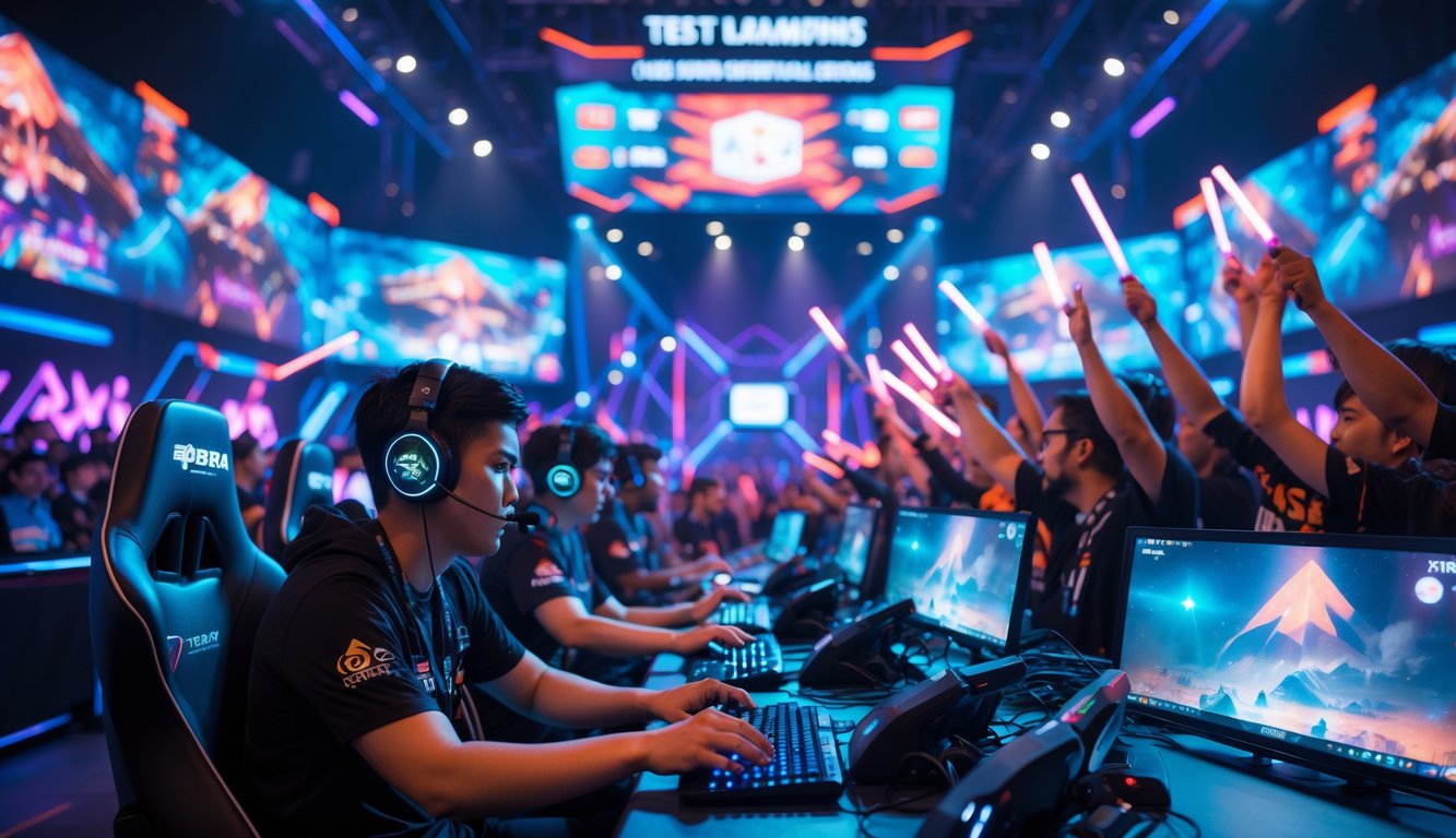 Seorang pemain esports sedang fokus bermain Mobile Legend di arena turnamen dengan penonton yang antusias di latar belakang.