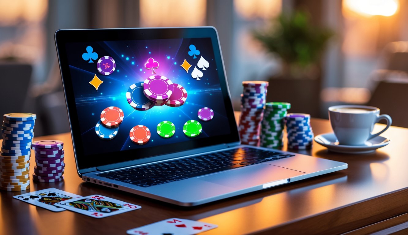 Suasana permainan poker online dengan komputer, tumpukan chip poker, kartu bermain, dan secangkir kopi di atas meja kayu.