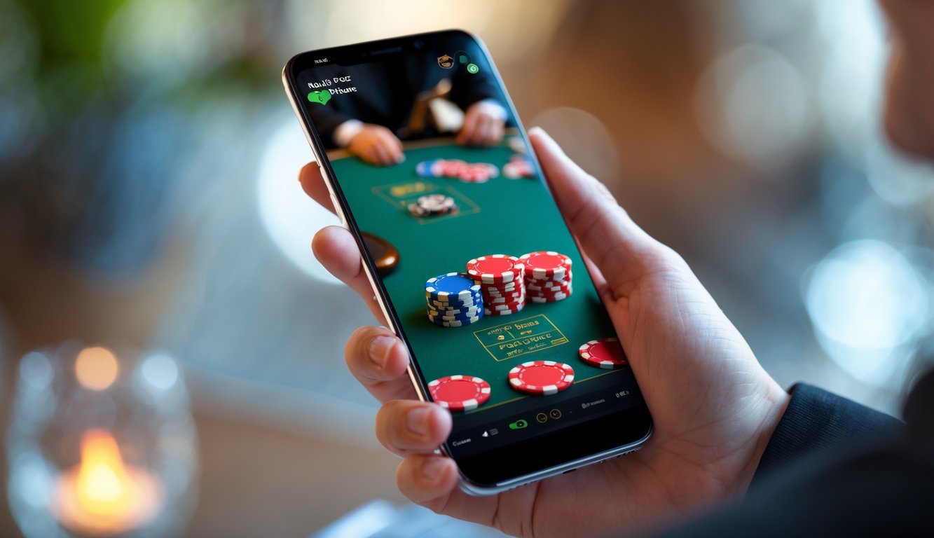Seseorang memegang ponsel yang menampilkan permainan poker online dengan chip dan kartu di layar.