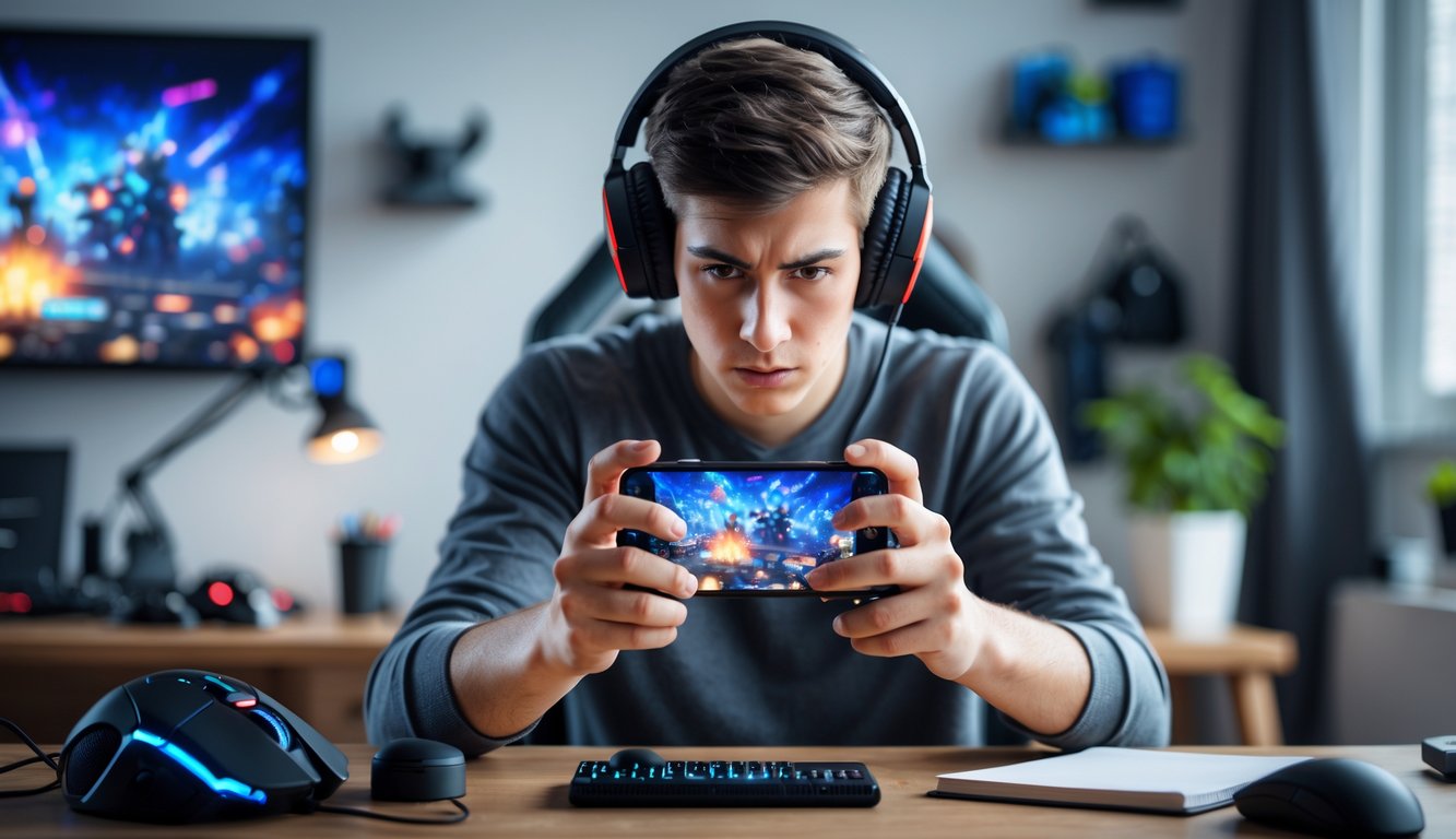 Seorang gamer muda sedang fokus bermain game di ponsel dalam ruangan modern dengan peralatan gaming di meja.