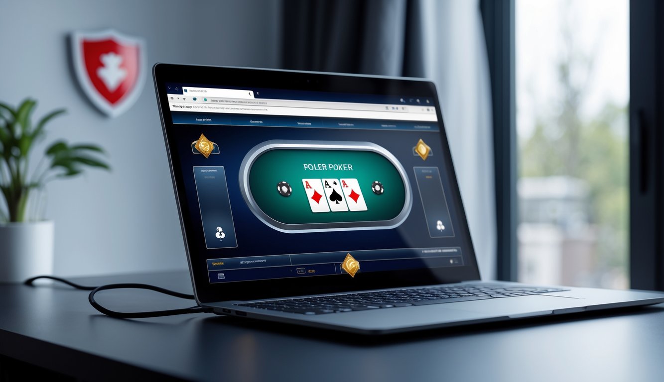 Seorang pengguna bermain poker online di depan komputer dengan tampilan permainan poker dan simbol keamanan di layar.