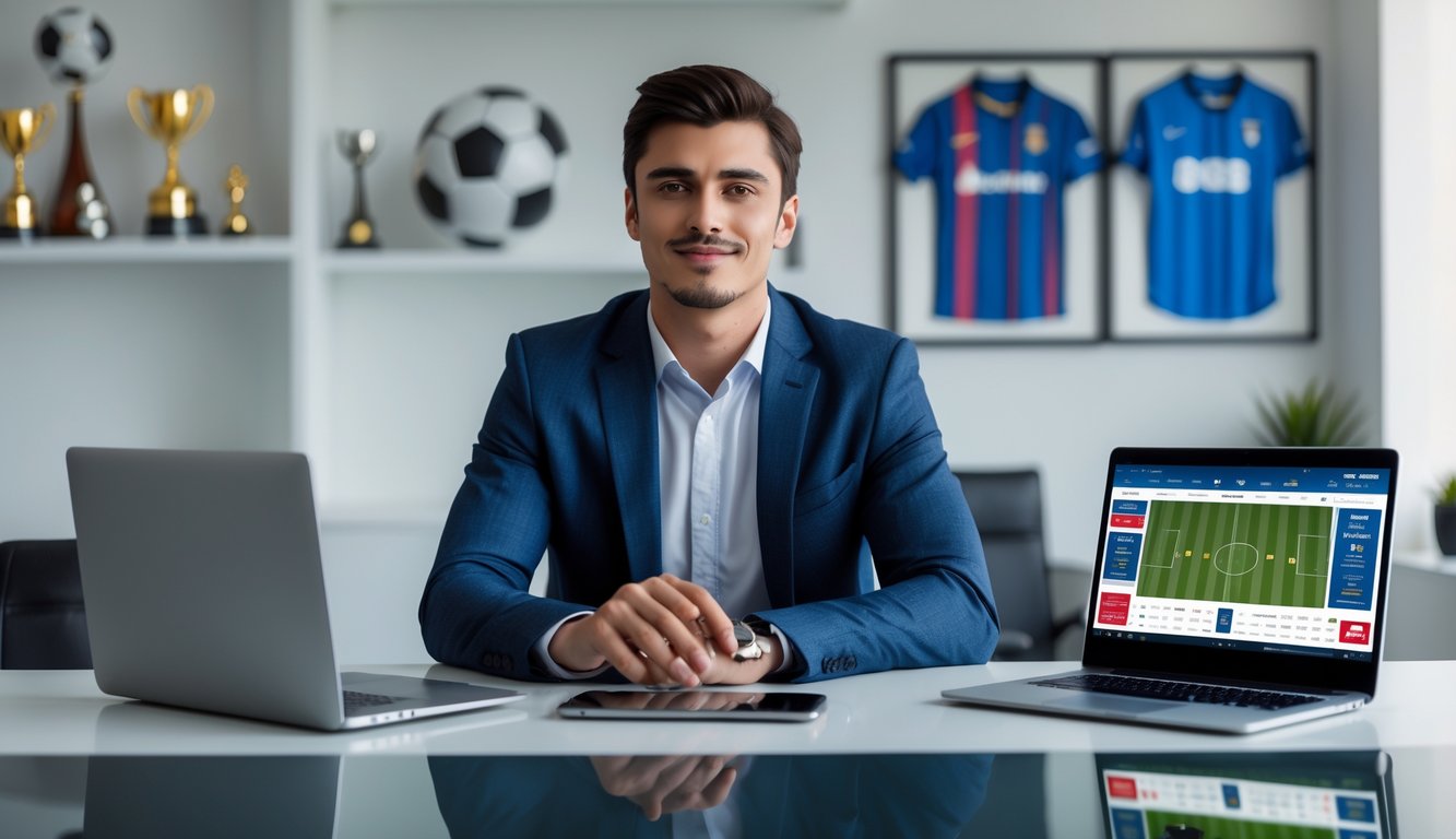 Seorang pria muda duduk di meja dengan laptop dan ponsel yang menampilkan pertandingan sepak bola langsung dan peluang taruhan.