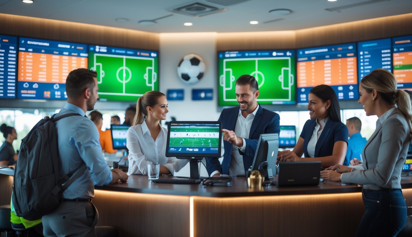 Suasana kantor agen taruhan sepak bola dengan beberapa orang berinteraksi dan layar menampilkan pertandingan sepak bola.