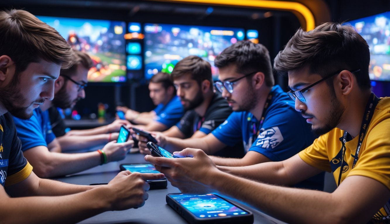 Sekelompok pemain profesional sedang bermain game mobile dengan serius di studio game modern yang penuh lampu warna-warni.