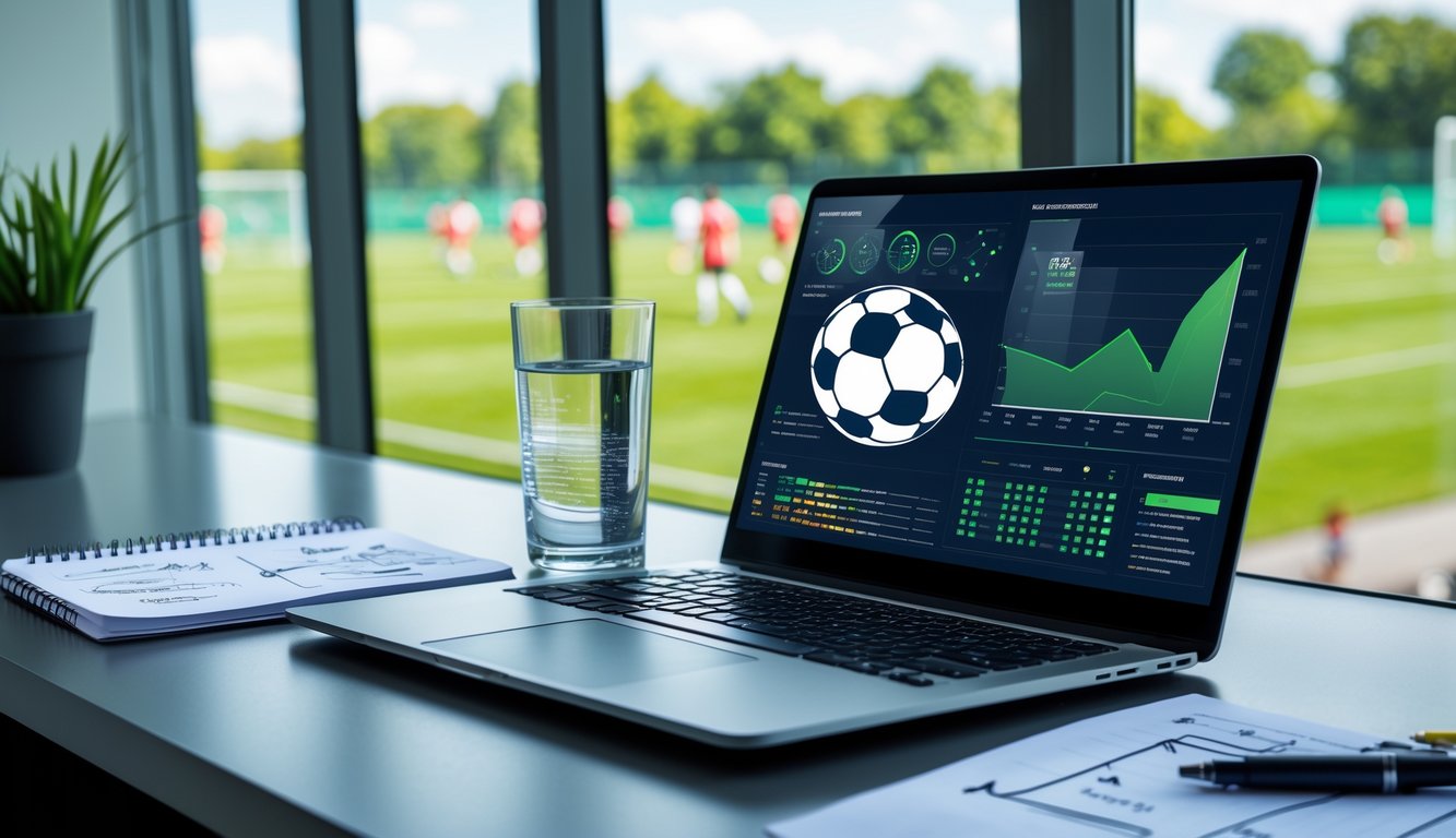 Meja kerja dengan laptop yang menampilkan statistik sepak bola, sebuah gelas air, dan catatan strategi, dengan lapangan sepak bola dan pemain yang berlatih di latar belakang.