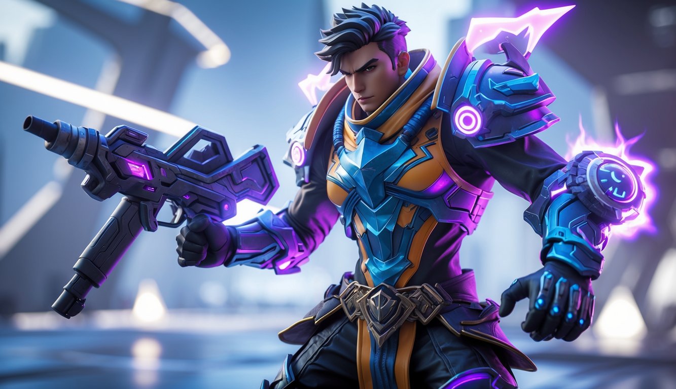 Karakter game mobile dengan baju zirah futuristik dan senjata sedang beraksi di medan perang futuristik.