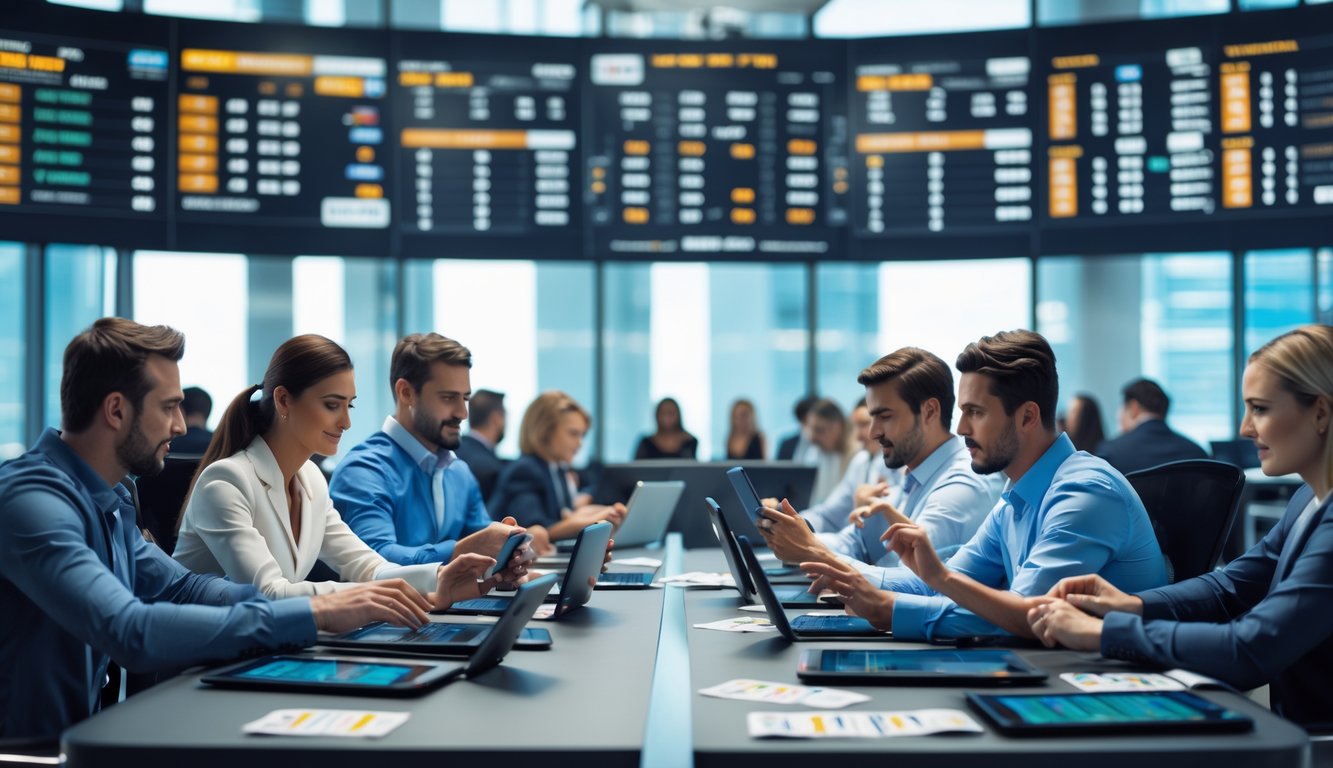 Beberapa orang sedang menggunakan perangkat digital untuk memasang taruhan olahraga secara parlay dengan layar besar menampilkan pertandingan olahraga di latar belakang.