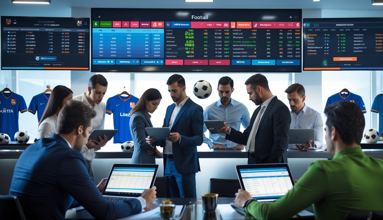 Orang-orang sedang menganalisis data taruhan sepak bola dengan layar besar menampilkan statistik pertandingan dan skor langsung.