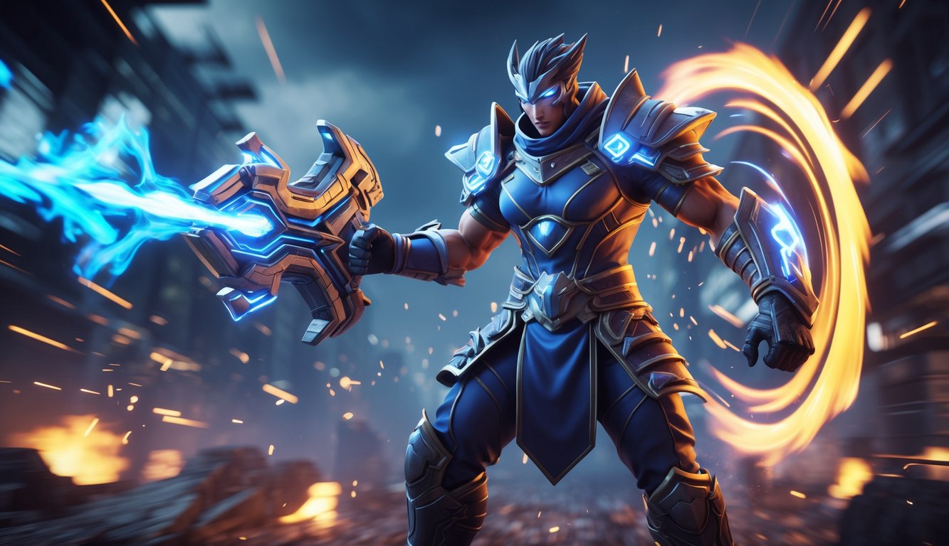 Seorang pahlawan permainan bergerak berdiri dalam posisi bertarung dengan latar belakang medan perang yang dramatis dan penuh api.