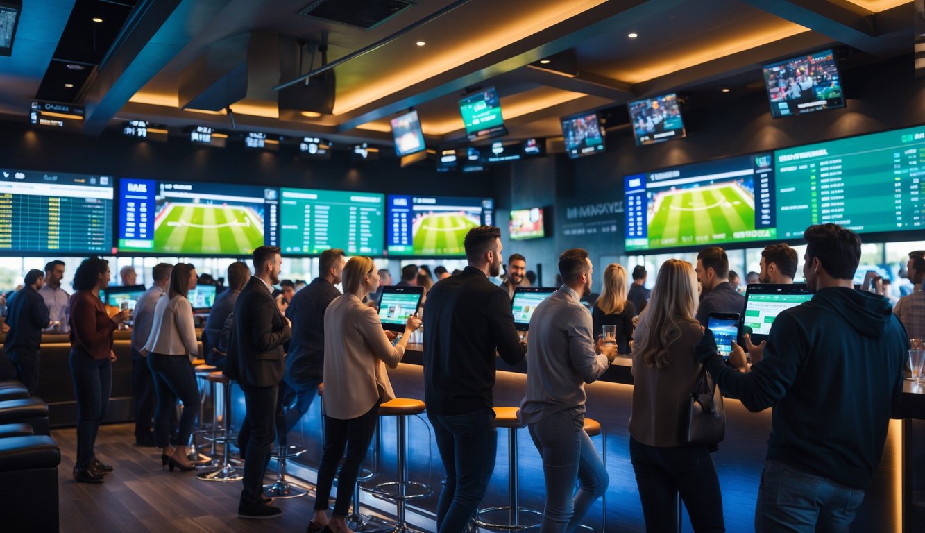 Sekelompok orang menonton pertandingan sepak bola secara langsung di bar modern sambil menggunakan perangkat elektronik untuk memasang taruhan.