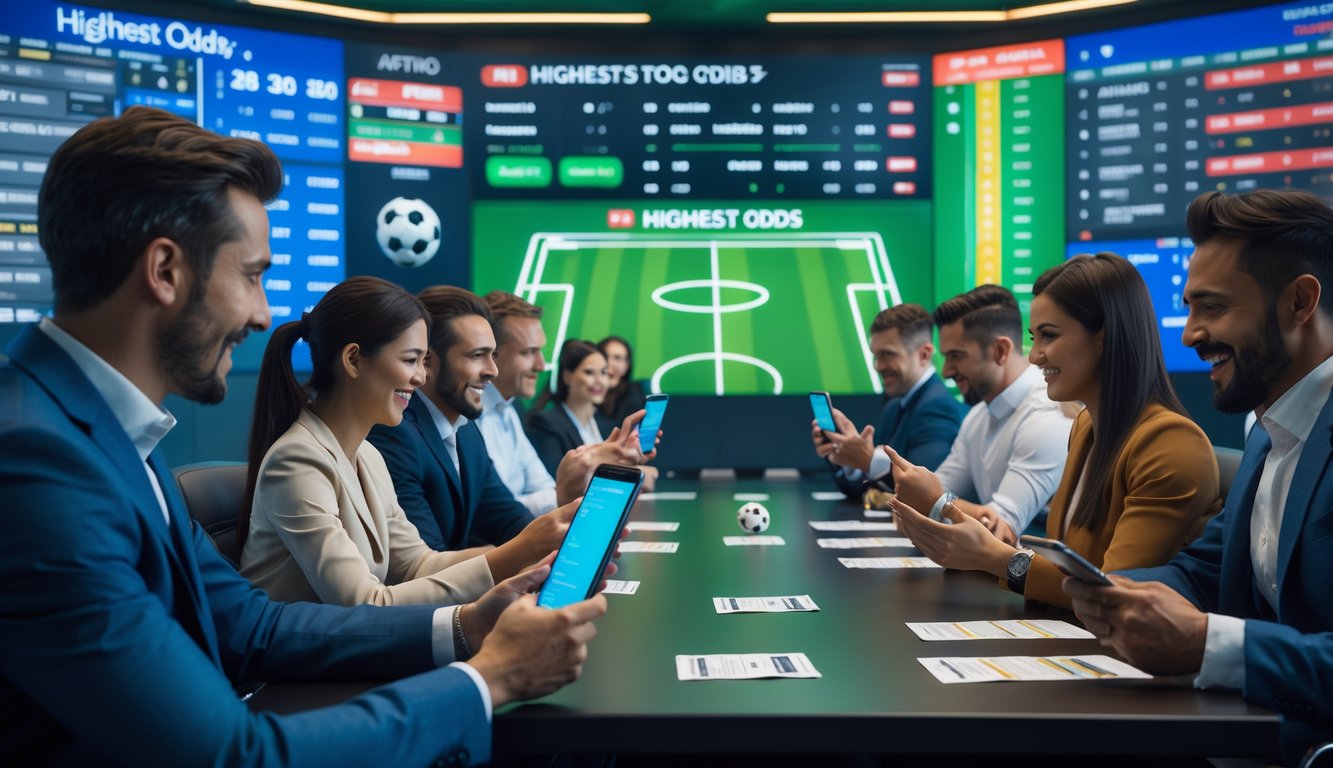 Orang-orang di kantor taruhan bola modern yang sedang memasang taruhan pada pertandingan sepak bola dengan layar digital menampilkan pertandingan dan statistik.