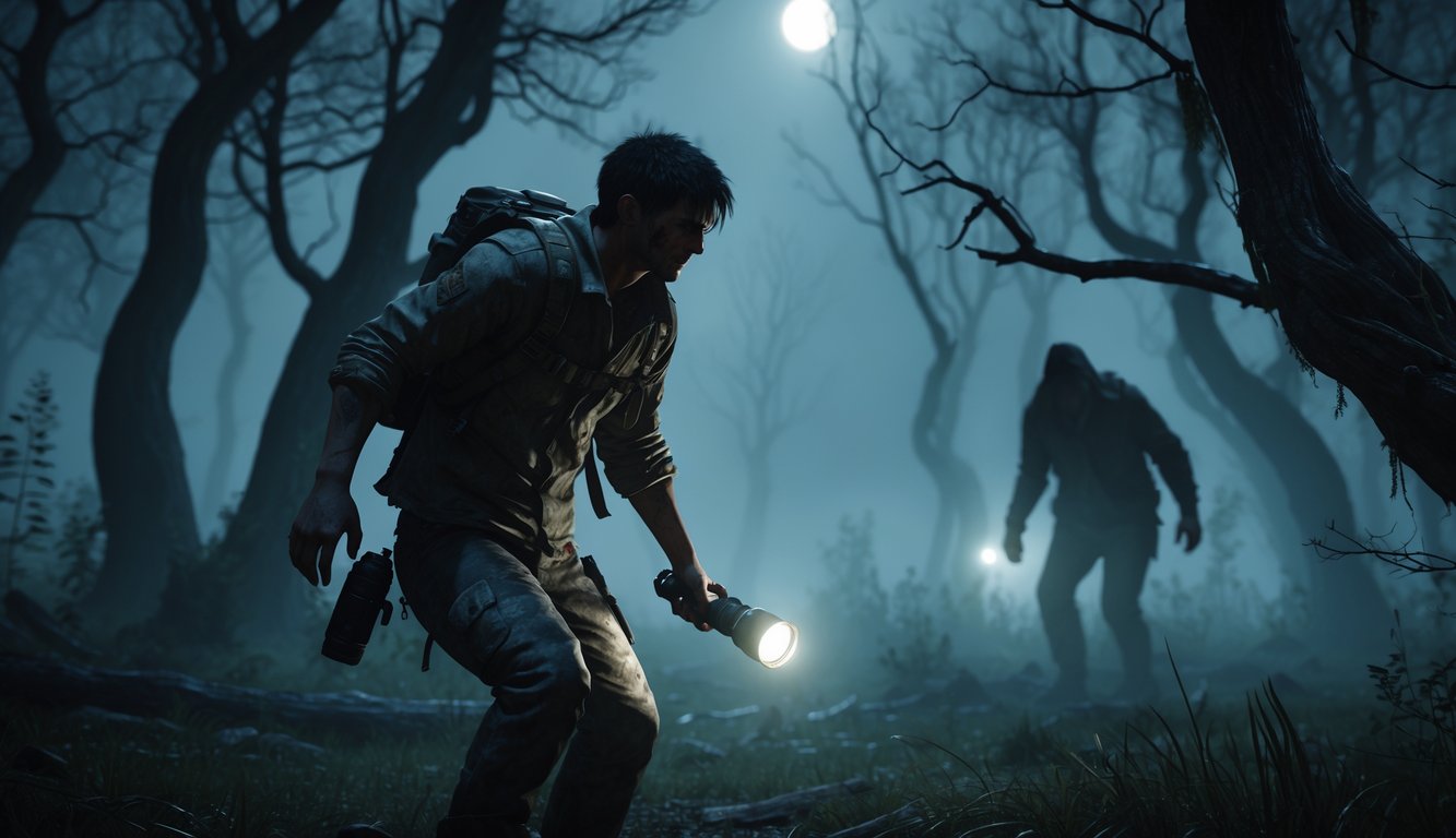 Seorang karakter bertahan hidup bergerak hati-hati di hutan gelap dengan sosok mengancam mengintai di latar belakang.