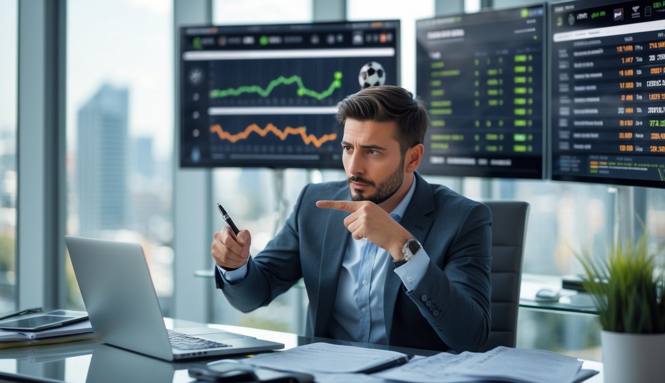 Seorang pria sedang menganalisis strategi taruhan sepak bola di kantor modern dengan beberapa layar menampilkan statistik pertandingan dan grafik.
