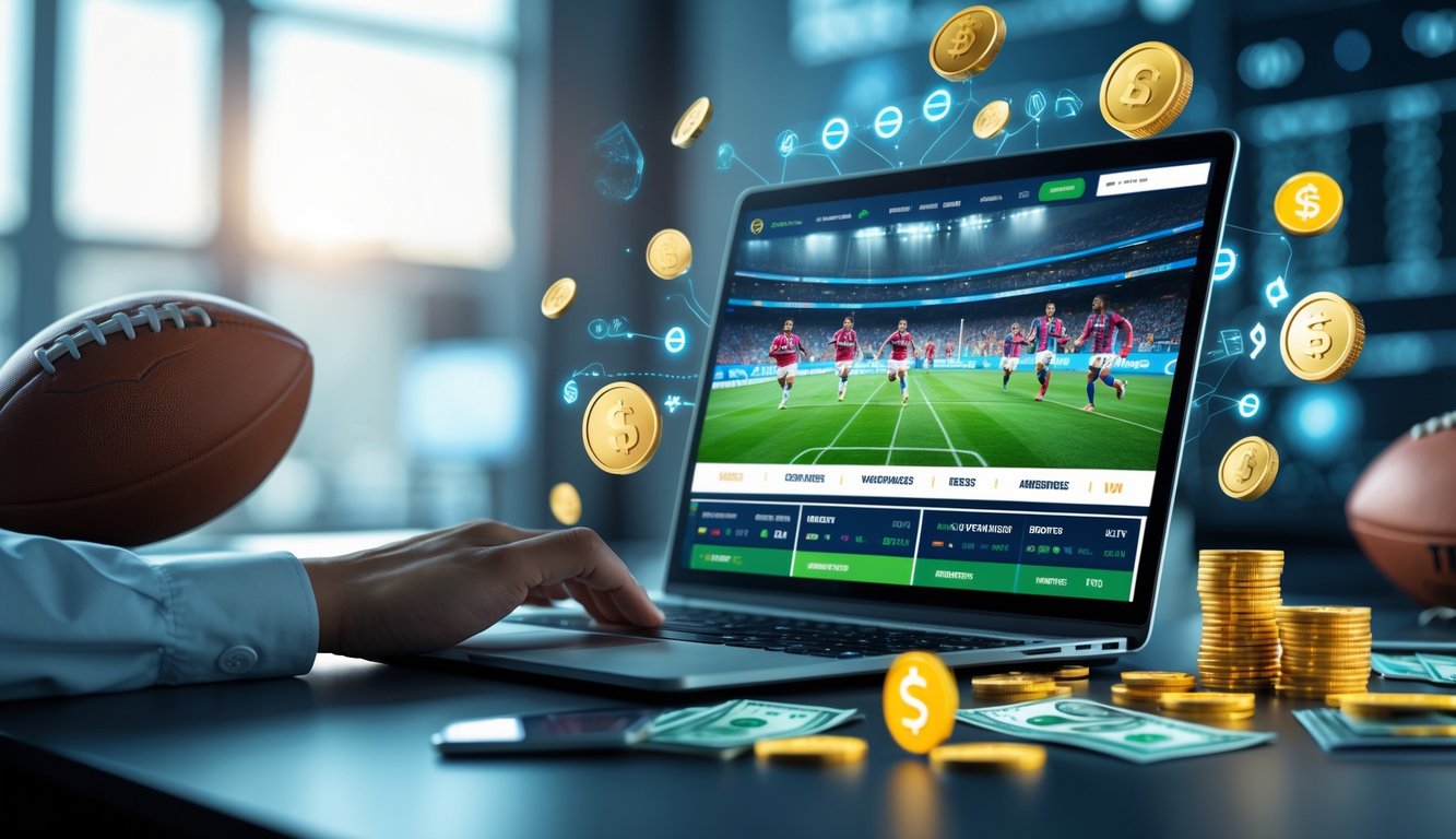 Seorang pria menggunakan laptop dengan tampilan situs taruhan sepak bola dan ikon uang digital di meja kerja modern.