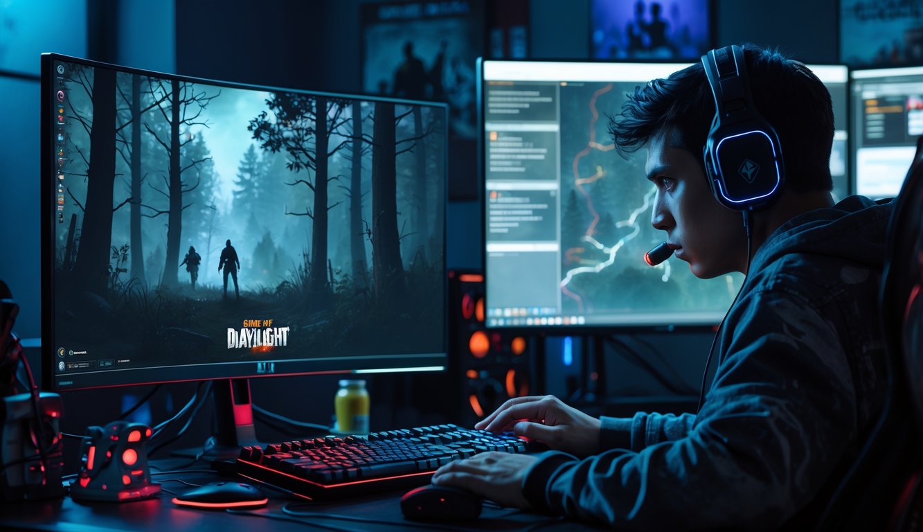 Seorang pemain muda sedang fokus bermain video game di depan komputer dengan latar hutan gelap dari game Dead by Daylight.