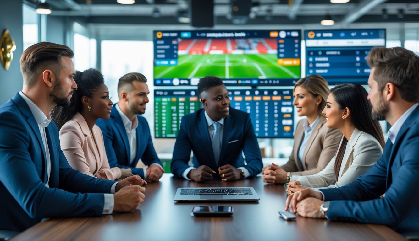 Sekelompok orang profesional sedang berdiskusi di kantor modern dengan layar digital yang menampilkan pertandingan sepak bola dan statistik taruhan.