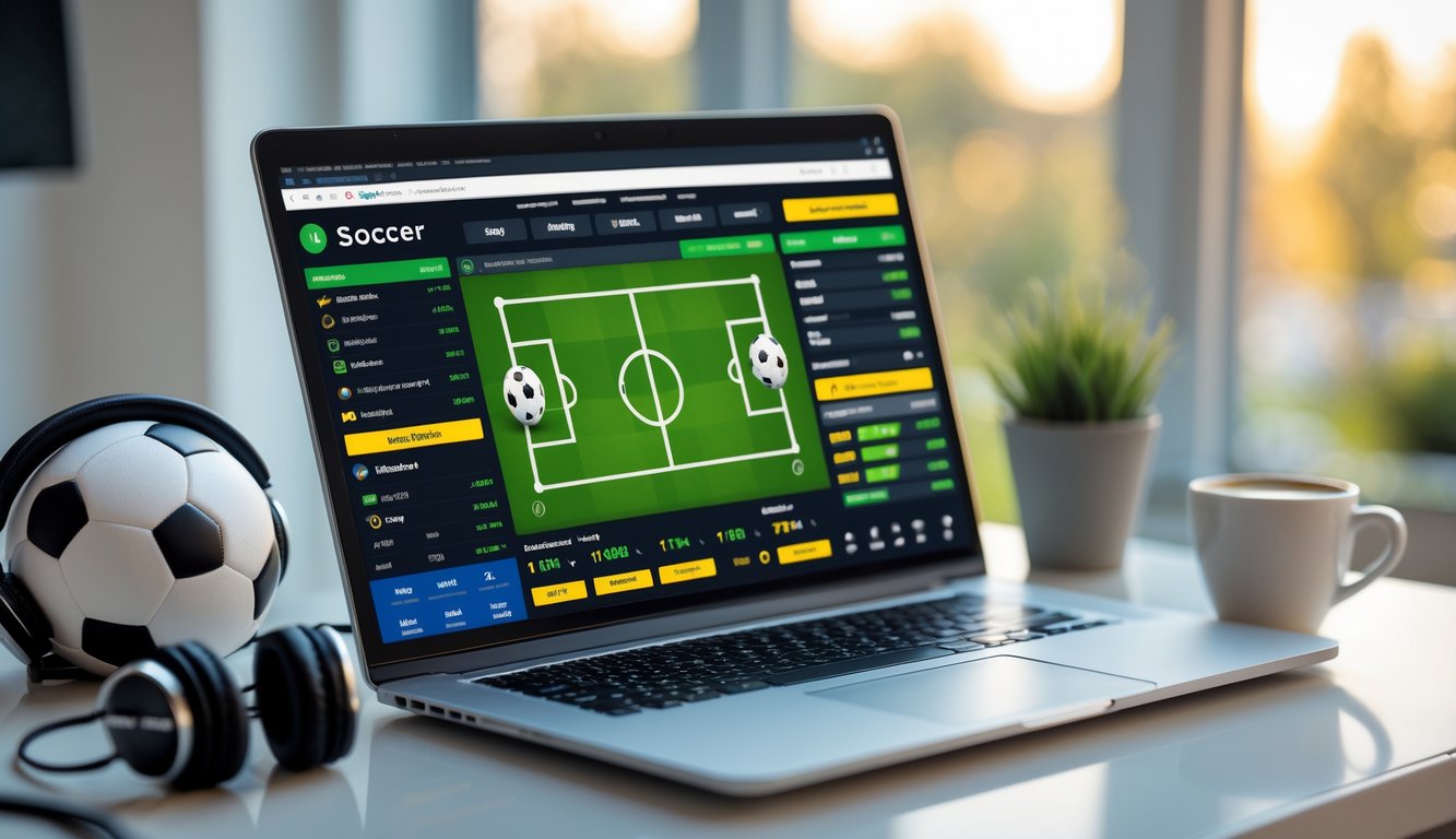 Seorang pengguna duduk di depan komputer dengan tampilan antarmuka taruhan sepak bola online yang hidup dan penuh warna.