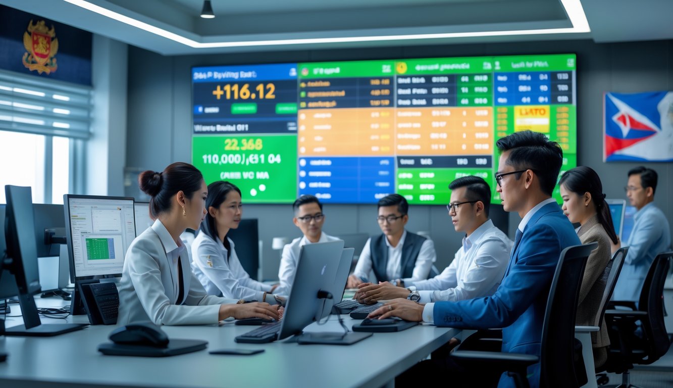 Sekelompok profesional sedang bekerja di kantor modern dengan layar digital menampilkan data pertandingan sepak bola dan peluang taruhan.