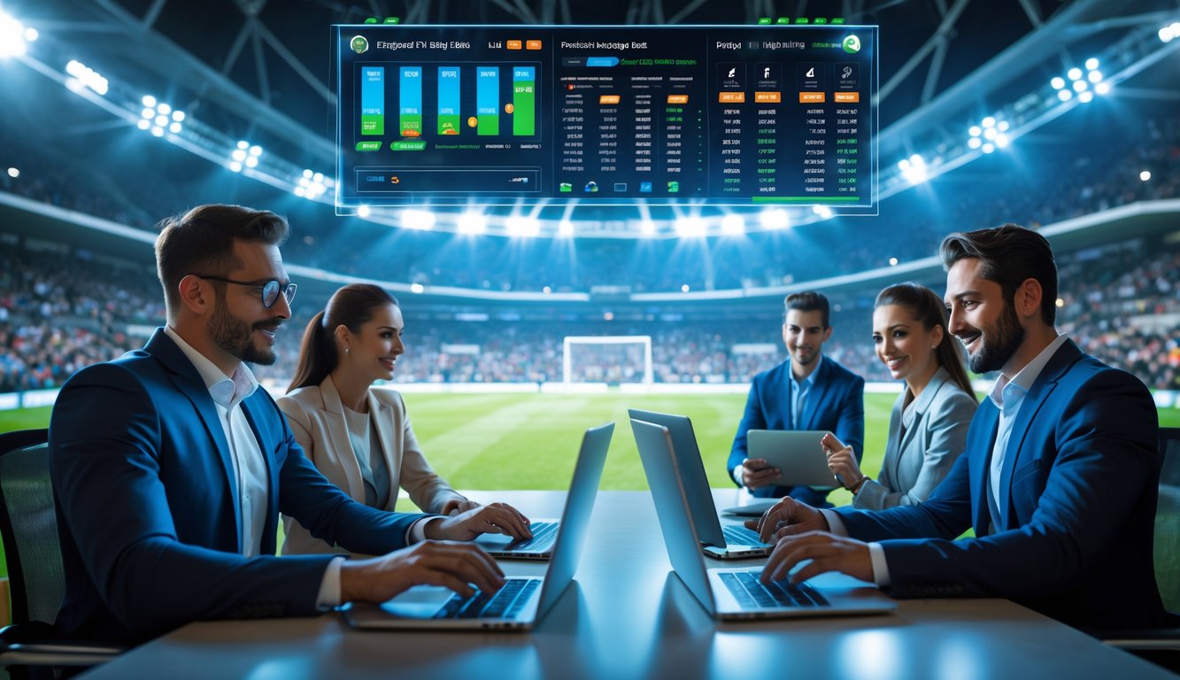 Orang-orang sedang menganalisis data taruhan sepak bola dengan layar digital dan latar belakang stadion yang penuh penonton.