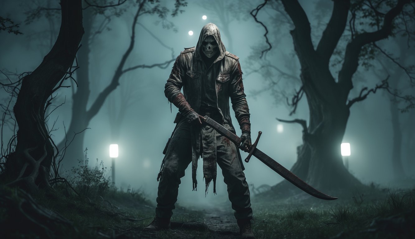 Seorang pembunuh menakutkan berdiri di hutan berkabut pada malam hari dengan senjata besar di tangan.