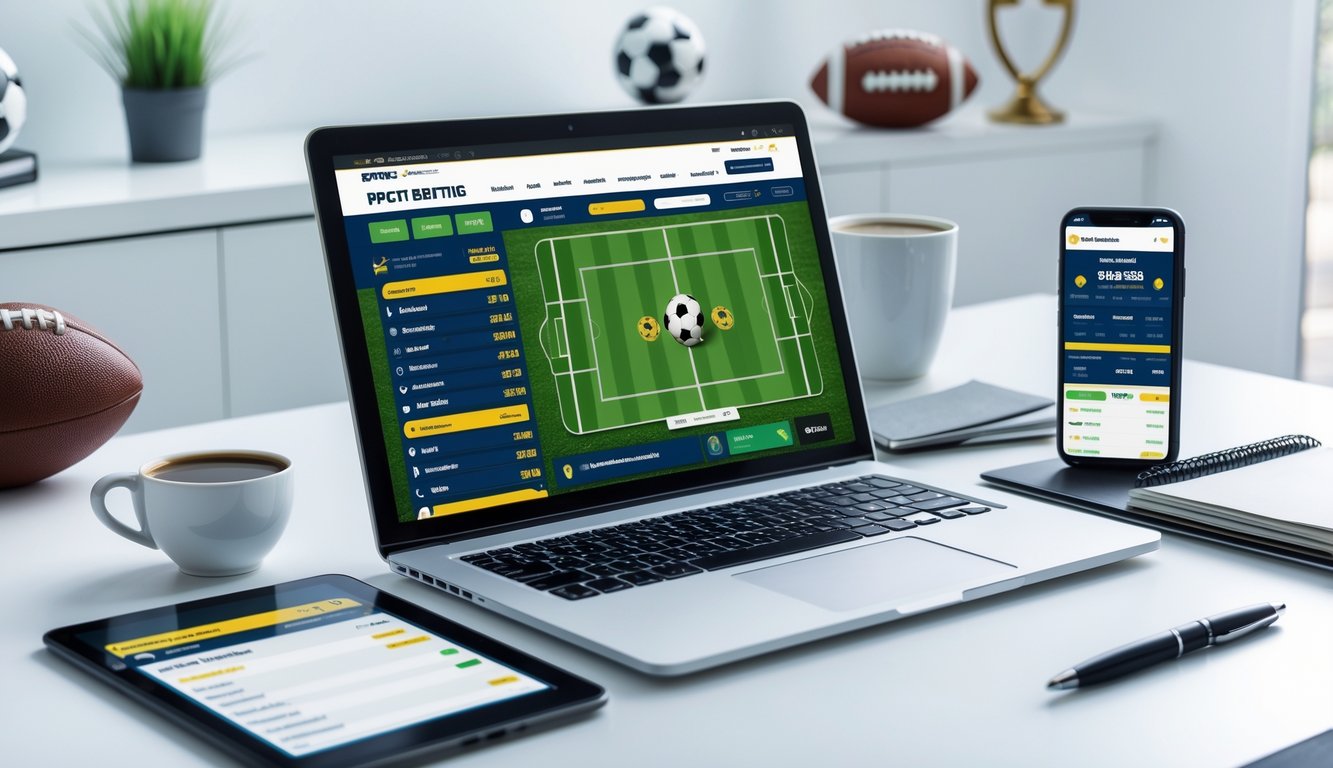 Suasana ruang kerja modern dengan laptop dan ponsel yang menampilkan antarmuka taruhan bola online, dilengkapi dengan kopi dan alat tulis di atas meja.