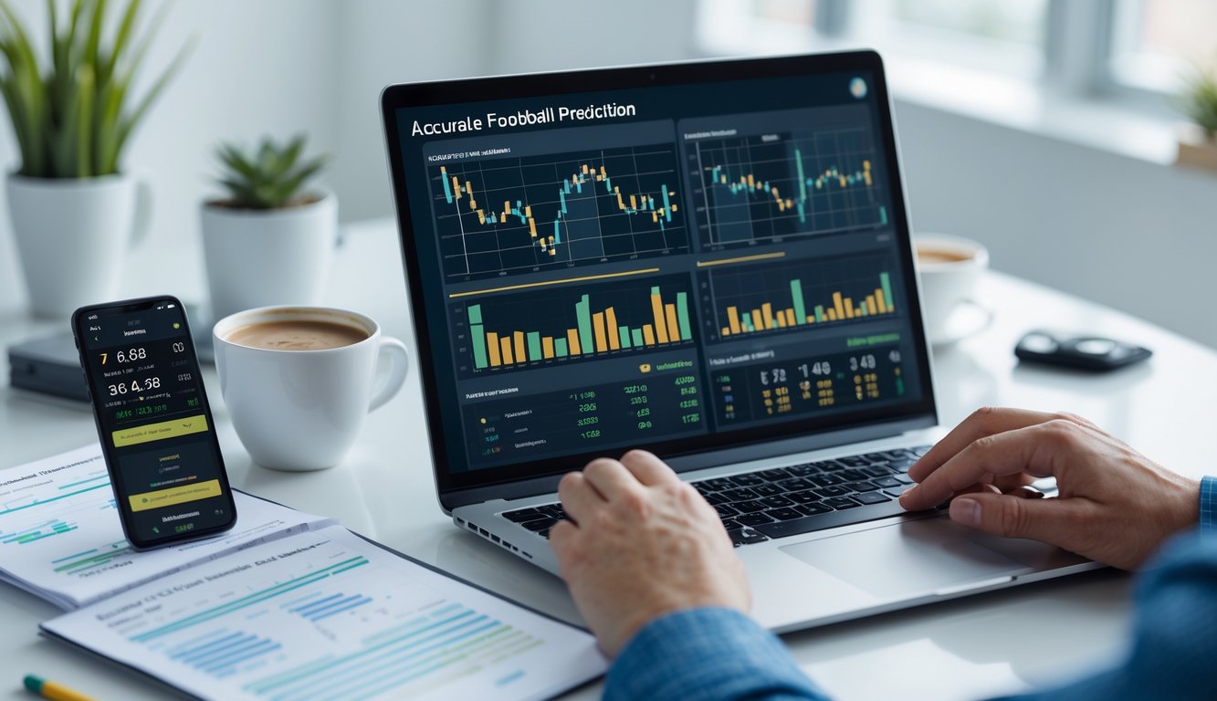 Seseorang sedang menganalisis data statistik sepak bola di depan laptop di ruang kerja yang terang dan rapi.