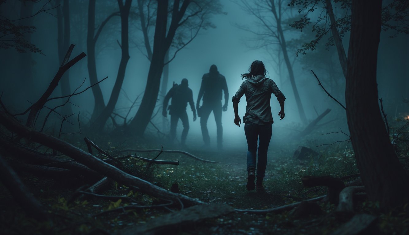 Orang yang ketakutan berlari di hutan gelap dengan kabut tebal, dikejar oleh sosok bayangan menakutkan di kejauhan.