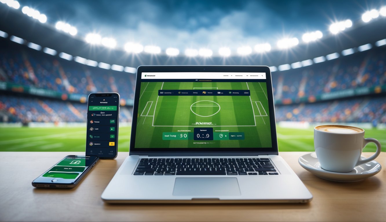 Seorang pria menggunakan laptop dan smartphone di meja kerja dengan latar belakang stadion sepak bola yang terang dan ramai.