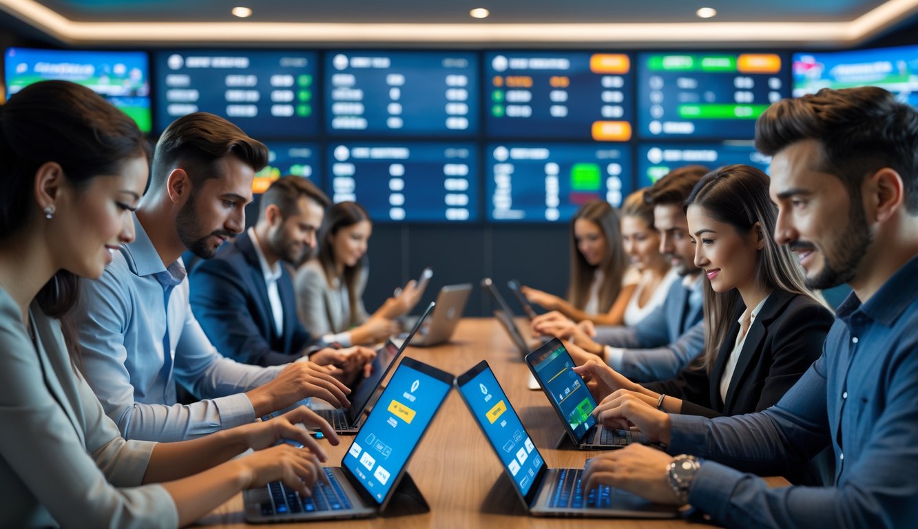 Beberapa orang menggunakan perangkat digital untuk memasang taruhan olahraga secara langsung di ruangan modern dengan layar besar menampilkan pertandingan olahraga.