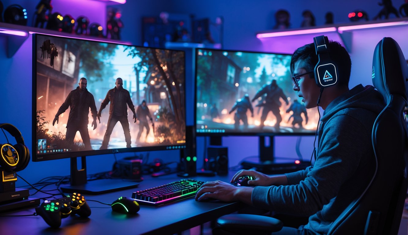 Dua pemain sedang bermain Dead by Daylight bersama menggunakan PC dan konsol di ruangan dengan pencahayaan LED warna-warni.